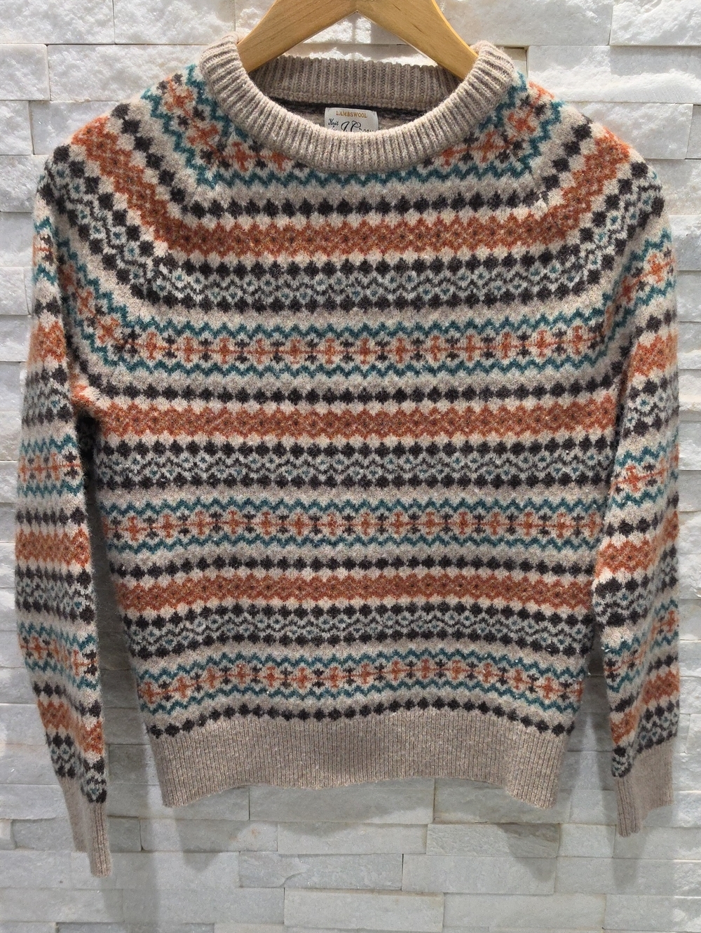 J. Crew Fair Isle Crewneck Sweater in Lambswool Beige with Rust and Teal Accents